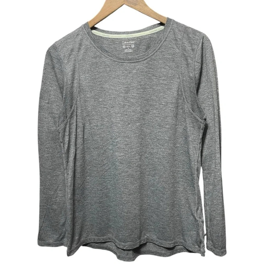 grey Calvin Klein performance Wick long sleeve crewneck activewear gym shirt top